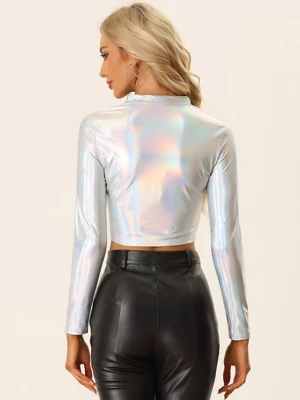 Allegra K Women's Party Long Sleeve Zip Up Metallic Crop Blouses 4 Allegra K Women's Party Long Sleeve Zip Up Metallic Crop Blouses - Image 2