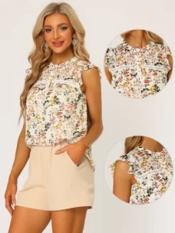 Allegra K Women's Chiffon Floral Ruffled Short Sleeve Button Shirt