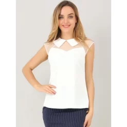 Allegra K Women's Mesh Semi Sheer Work Office Top Peter Pan Collar Shirt