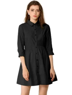 Allegra K Women's 3/4 Sleeve Button Front Flare Mini Shirt Dress -Women Sale Shop GUEST b5a69130 2fd6 45bf a46f 022a73690619
