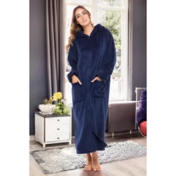 Women's Zip Up Fleece Robe With Hood, Soft Warm Plush Oversized Zipper Hooded Bathrobe