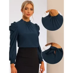 Allegra K Women's Elegant Stand Collar Tie Back Puff Sleeve Office Blouses