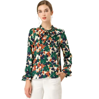 Allegra K Women's Floral Tie V Neck Blouse Chiffon Ruffle Trumpet Sleeve Shirt 3 Allegra K Women's Floral Tie V Neck Blouse Chiffon Ruffle Trumpet Sleeve Shirt