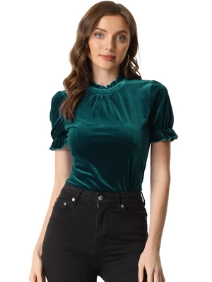 Allegra K Ruffle Collar Shirt For Women's Short Sleeve Velvet Tops Blouse 10 Allegra K Ruffle Collar Shirt For Women's Short Sleeve Velvet Tops Blouse - Image 8