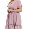 Agnes Orinda Women's Plus Size Elegant Short Sleeve Tie Waist Ruffle Hem At Kness Dresses