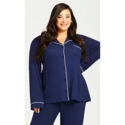 Women's Plus Size Hacci Button Plain Top - Navy | AVENUE -Women Sale Shop GUEST bd8900d6 21d2 4d1c b281 dca7751c0293