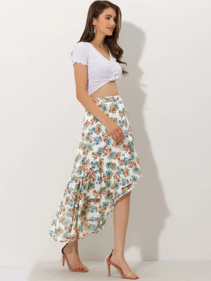Allegra K Women's Floral Ruffle Skirt Wrap Tiered Asymmetrical Chiffon Skirts 5 Allegra K Women's Floral Ruffle Skirt Wrap Tiered Asymmetrical Chiffon Skirts - Image 3