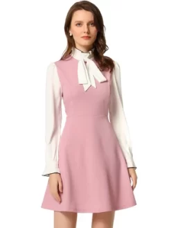 Allegra K Women's Elegant Contrast Ruffle Stand Collar Bow Tie Puff Sleeve Office Dress -Women Sale Shop GUEST c33bf743 7adb 435a ae7f f00ed2241e86