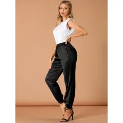 Allegra K Women's Drawstring Elastic Waist Athleisure Pants Ankle Length Satin Joggers With Pocket -Women Sale Shop GUEST c436b1fc b426 43cd 924d c53d15ed99a9