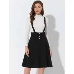 Allegra K Women's High Waist Solid Color Button Decor Flared Midi Suspender Skirt