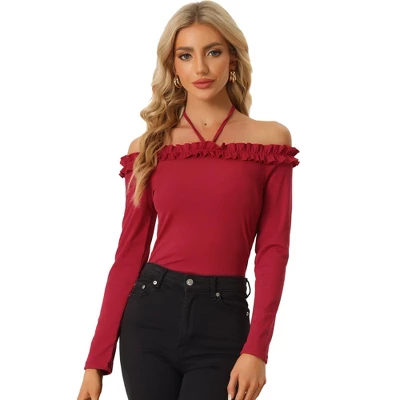 Allegra K Women's Tie Halter Off-Shoulder Ruffle Lettuce Trim Slim Fit Long Sleeve Shirt 5 Allegra K Women's Tie Halter Off-Shoulder Ruffle Lettuce Trim Slim Fit Long Sleeve Shirt - Image 3