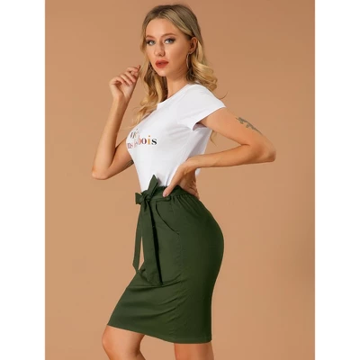 Allegra K Women's Workwear Paperbag Elastic High Waist Cotton Pencil Mini Skirt 5 Allegra K Women's Workwear Paperbag Elastic High Waist Cotton Pencil Mini Skirt - Image 3