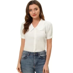 Allegra K Women's Chambray Peter Pan Collar Puff Sleeve Vintage Blouse -Women Sale Shop GUEST cc809acb 47cd 4a1a 8d95 92142e11831a