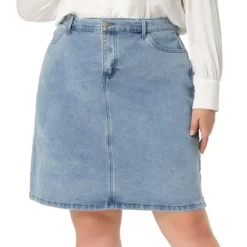 Agnes Orinda Women's Plus Size Denim Classic Slash Pocket Elastic Waist Pencil Back Slit Jeans Skirts