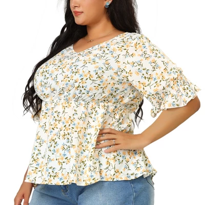 Agnes Orinda Women's Plus Size Floral Ruffle Smock Sleeve V Neck Peplum Blouses 8 Agnes Orinda Women's Plus Size Floral Ruffle Smock Sleeve V Neck Peplum Blouses - Image 6