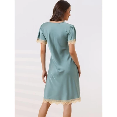 Cheibear Womens Satin Lace Trim V-Neck Lingerie Short Sleeves Silky Nightgowns 4 Cheibear Womens Satin Lace Trim V-Neck Lingerie Short Sleeves Silky Nightgowns - Image 2