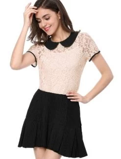 Allegra K Women's Contrast Peter Pan Collar Blouse Short Sleeve Sheer Lace Top -Women Sale Shop GUEST d1275cd9 e950 4201 8b64 42a11a2268e2