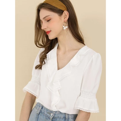 Allegra K Women's Ruffle V Neck Puff Sleeve Summer Casual Chiffon Peasant Blouse 3 Allegra K Women's Ruffle V Neck Puff Sleeve Summer Casual Chiffon Peasant Blouse