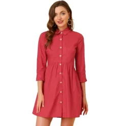 Allegra K Women's 3/4 Sleeve Button Front Flare Mini Shirt Dress -Women Sale Shop GUEST d403763f aad2 4522 b911 8d05572c8556
