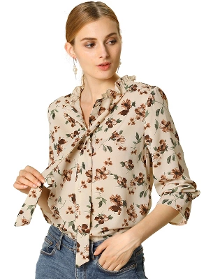 Allegra K Women's Vintage Floral Tie Neck Long Sleeve Ruffled Collar Peasant Blouse 9 Allegra K Women's Vintage Floral Tie Neck Long Sleeve Ruffled Collar Peasant Blouse - Image 7