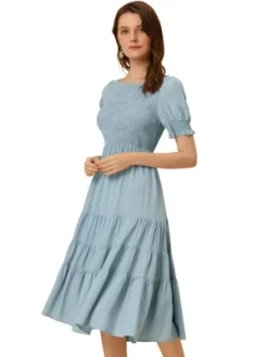 Allegra K Women's Peasant Smocked Short Sleeve Midi Summer Casual Tiered A-Line Dress -Women Sale Shop GUEST dc5ee635 608d 45c8 8e1b d36c6a92ebf0