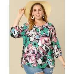 Agnes Orinda Women's Plus Size 3/4 Sleeves Self Tie Neck Floral Blouse