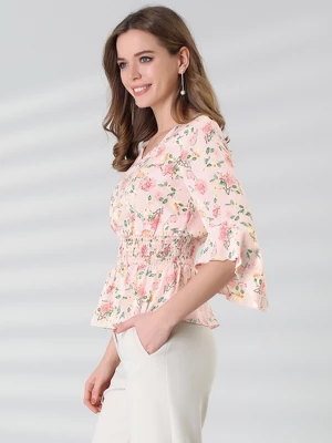 Allegra K Women's Chiffon Floral Blouse V-neck Flare Sleeve Spring Smock Waist Top 5 Allegra K Women's Chiffon Floral Blouse V-neck Flare Sleeve Spring Smock Waist Top - Image 3