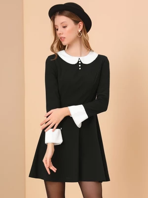 Allegra K Women's Peter Pan Collar Contrast Button Decor Long Sleeve Flare Dress 3 Allegra K Women's Peter Pan Collar Contrast Button Decor Long Sleeve Flare Dress