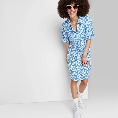 Women's Ascot + Hart Aloha Flowers Checkered Graphic Collared Dress - Blue 7 Women's Ascot + Hart Aloha Flowers Checkered Graphic Collared Dress - Blue - Image 5