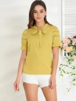 Allegra K Women's Bow Tie Collar Elegant Office Short Sleeve Blouse