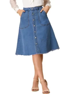 Allegra K Women's Denim Skirts Raw Hem Button Down Midi Jeans Skirt -Women Sale Shop GUEST e5782589 7c77 4f0a 9387 5ebfff942e98