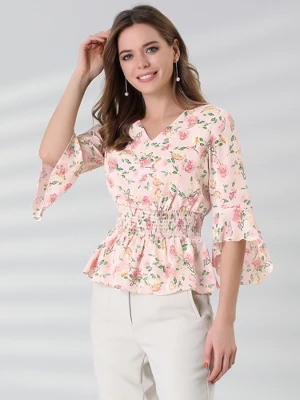 Allegra K Women's Chiffon Floral Blouse V-neck Flare Sleeve Spring Smock Waist Top 4 Allegra K Women's Chiffon Floral Blouse V-neck Flare Sleeve Spring Smock Waist Top - Image 2