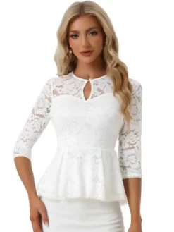 Allegra K Women's Floral Lace Keyhole Front Sheer 3/4 Sleeve Peplum Blouses -Women Sale Shop GUEST e6c43e1a f8fe 49fd a657 63250a5c574d