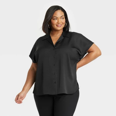 Women's Satin Short Sleeve Button-Front Shirt - Ava & Viv™ 6 Women's Satin Short Sleeve Button-Front Shirt - Ava & Viv™ - Image 4