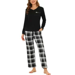 Cheibear Women's Long Sleeve Sleepwear Plaid Pants Nightwear With Pockets Lounge Pajama Sets