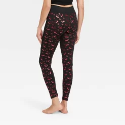 Women's Foil Print Santa Hats Seamless Fleece Lined Leggings - Wondershop™ Black/Red