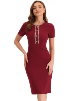 Allegra K Women's Work Business Round Neck Tweed Trim Short Sleeve Sheath Dress -Women Sale Shop GUEST ee737dd4 5a71 445b b6e6 d391cc806d08