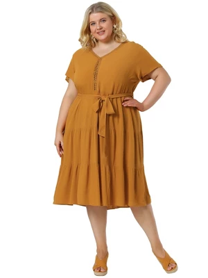 Agnes Orinda Women's Plus Size Lace Inset Babydoll Short Sleeve Shirt Dress 3 Agnes Orinda Women's Plus Size Lace Inset Babydoll Short Sleeve Shirt Dress - Image 2