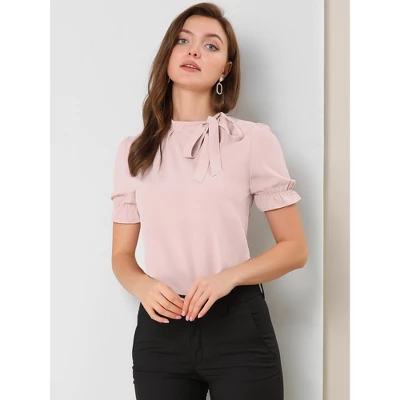 Allegra K Women's Bow Tie Neck Elegant Office Short Sleeve Blouse 4 Allegra K Women's Bow Tie Neck Elegant Office Short Sleeve Blouse - Image 2