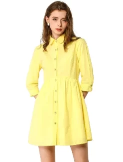 Allegra K Women's 3/4 Sleeve Button Front Flare Mini Shirt Dress -Women Sale Shop GUEST f3602f18 2b74 472d 80db 6b030ce1e503