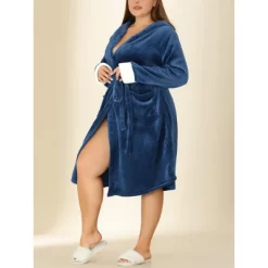 Agnes Orinda Women's Plus Size Nightgown Faux Fur Robe Fleece Hood Warm Plush Flannel Robe