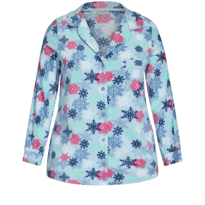 Women's Plus Size Snowflake Button Fleece Sleep Top - Blue | AVENUE 6 Women's Plus Size Snowflake Button Fleece Sleep Top - Blue | AVENUE - Image 4