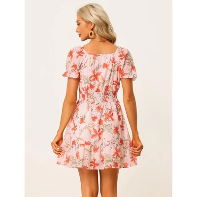 Allegra K Women's Floral Print Square Neck High Waist Summer Mini Dress 5 Allegra K Women's Floral Print Square Neck High Waist Summer Mini Dress - Image 3