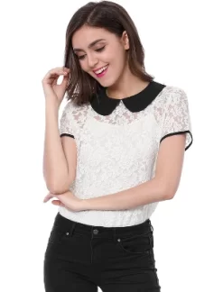 Allegra K Women's Contrast Peter Pan Collar Blouse Short Sleeve Sheer Lace Top -Women Sale Shop GUEST fc0f32f4 410d 4067 81ec a178246a5a60