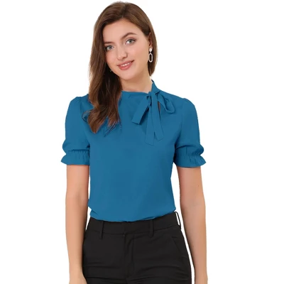 Allegra K Women's Bow Tie Neck Elegant Office Short Sleeve Blouse 14 Allegra K Women's Bow Tie Neck Elegant Office Short Sleeve Blouse - Image 12